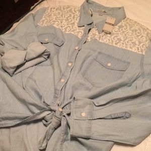 Denim button-up, w white lace